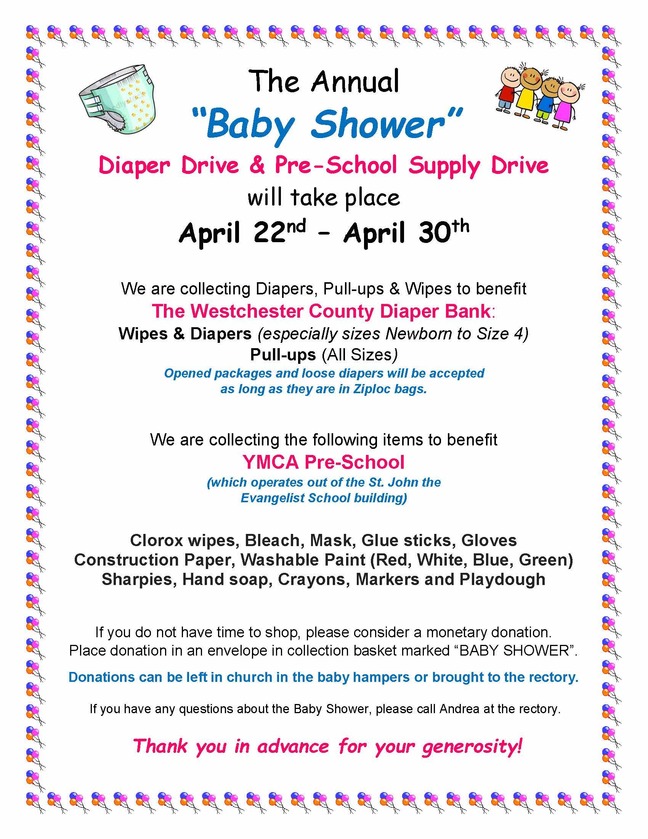 Baby Shower Diaper Drive and PreSchool Supply Drive St. John the